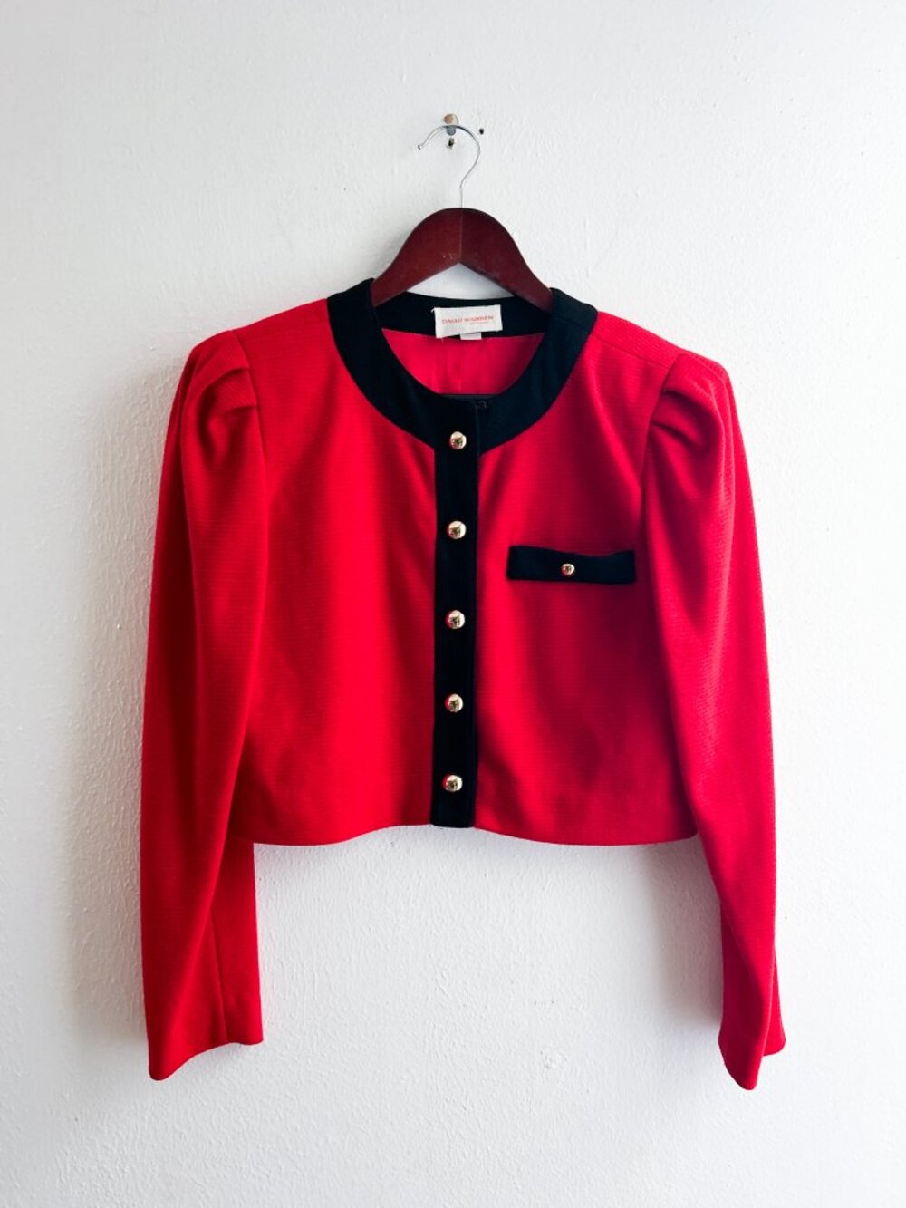 VINTAGE David Warren Crop Red Lady Jacket Puff Sleeve‎ Black Gold